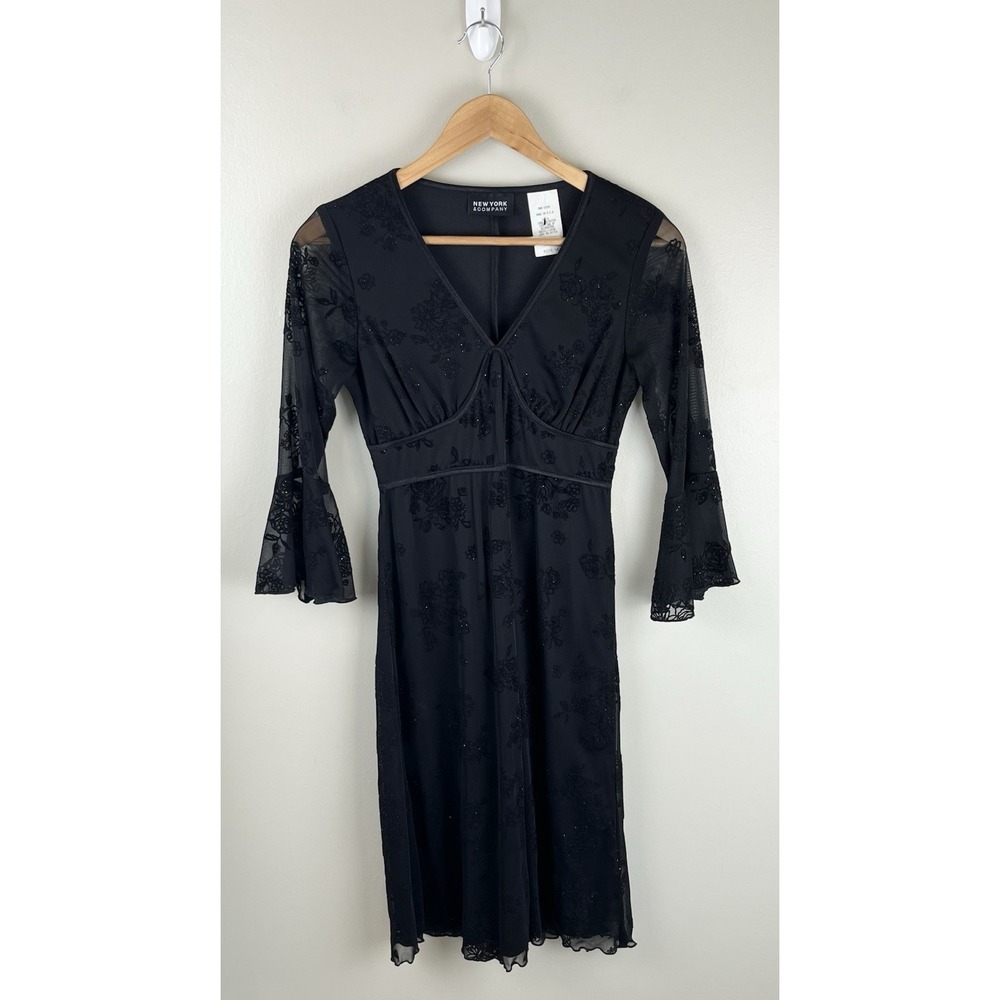 New York‎ Co Y2K Babydoll Dress Sheer Black Floral Velvet Bell Sleeve Goth XS
